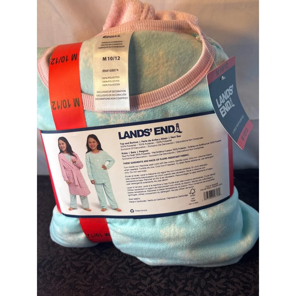 Lands End Youth 3-Piece Sleep Set Pink Hooded Robe Blue Pajamas‎ M 10/12 NEW